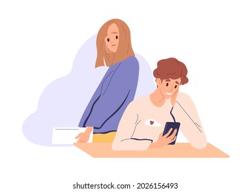 Sad jealous woman suffer from unrequited love, looking at man's phone and spying while her beloved with smartphone messaging online and cheating. Flat vector illustration isolated on white background