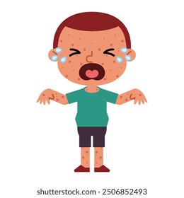 Sad kid boy having chicken pox. red spots appearing on the skin. Viral infections and skin diseases. health problems. Health care cartoon character vector illustration.