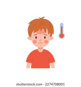 Sad kid boy in red t-shirt having fever flu symptom flat style, vector illustration isolated on white background. Sickness child, upset character, disease and healthcare