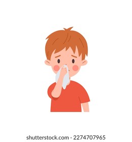 Sad kid boy wipes nose with handkerchief flat style, vector illustration isolated on white background. Runny nose flu symptom, upset sickness child, health and medicine