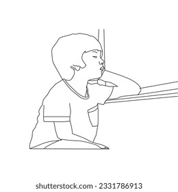 Sad kid looking out through the window line art illustration