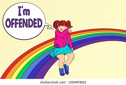 Sad kid on the rainbow. The girl was offended, sad and crying. With speech bubble: I am offended. Vector illustration