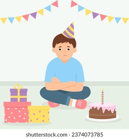 A sad kid sitting on the floor over a birthday cake and presents. Unhappy child spending the birthday alone. Vector illustration