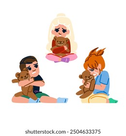sad kid teddy bear fear vector. baby violence, alone pain, bed children sad kid teddy bear fear character. people flat cartoon illustration