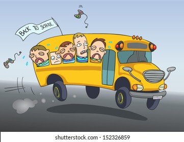 Sad kids, crying, going back to school on a bus. Cartoon. Illustration vector.