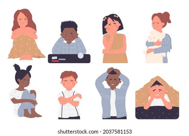 Sad kids set, depressed girls and boys cry vector illustration. Cartoon unhappy little child character sitting with sad face alone, young person crying, bad stress expression isolated on white