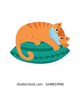 Triste gatito con una máscara médica en la cara. El concepto de protección contra las enfermedades respiratorias, las alergias. Ilustración vectorial en fondo blanco.