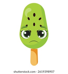 Sad kiwi flavored green ice cream character Unhappy fruit dessert illustration Funny summer snack graphic with frowning mouth Adorable green treat with tearful eyes