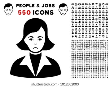 Sad Lady icon with 550 bonus pitiful and happy jobs graphic icons. Vector illustration style is flat black iconic symbols.