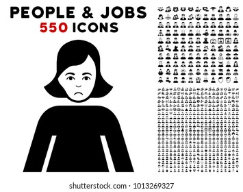 Sad Lady pictograph with 550 bonus pity and glad person symbols. Vector illustration style is flat black iconic symbols.