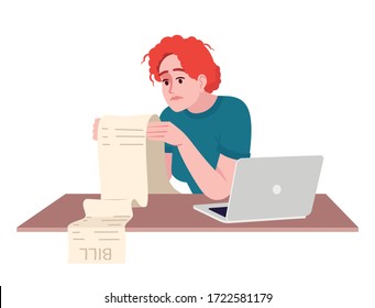 Sad lady studying financial bill semi flat RGB color vector illustration. Stressed caucasian woman isolated cartoon character on white background. Money problems, debt repayment. Emotional pressure