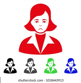 Sad Lady vector pictograph. Vector illustration style is a flat iconic lady symbol with grey, black, blue, red, green color variants. Face has sorrow emotions.