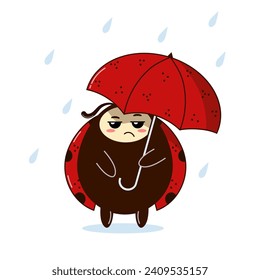 Sad ladybug with umbrella in the rain. Drawn in cartoon style. Vector illustration for designs, prints and patterns, wall art, card, poster. Isolated on white background