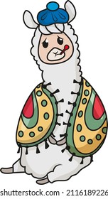 sad lama silis with a bright plaid and a red thermometer is sick