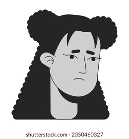 Sad latinamerican girl monochrome flat linear character head. Cute two buns hairstyle. Editable outline hand drawn human face icon. 2D cartoon spot vector avatar illustration for animation