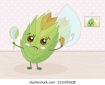 Sad leaf girl holds mirror and piece of her hairstyle. Leaf woman loses her hair. Half of leaf is green and other is brown, dry. Vector illustration about aging or problems with hair.