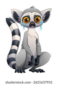 Sad lemur sitting with tears in his eyes. Vector cartoon illustration
