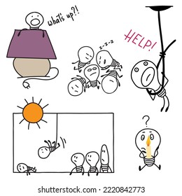 Sad lightbulb life during energy crisis. Recession anxiety. Doodle illustration.