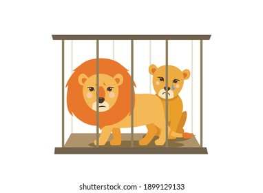 Sad lion and lioness in flat cartoon style sitting in a cage. Scared wild animals, concept of life in captivity. Circus and zoo conditions. Vector illustration on white background. EPS10