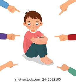 Sad little boy crying being bullied with with finger surrounding pointing at him