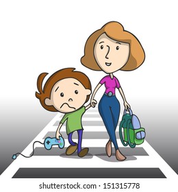 Sad little boy going to school holding a game controller. Mother and son crossing the pedestrian, Vector illustration. 