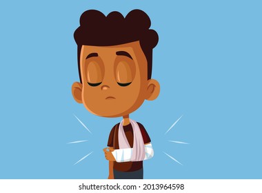 Sad Little Boy Having A Broken Arm Vector Illustration. Child With Bandaged Forearm Suffering An Injury After An Accident 
