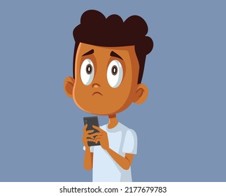 Sad Little Boy Holding A Smartphone Vector Cartoon Illustration. Unhappy Child Feeling Bad After Reading Hateful Comments On Social Media
