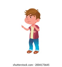 sad little boy pointing at aggressor cartoon vector. sad little boy pointing at aggressor character. isolated flat cartoon illustration