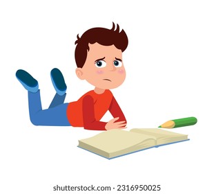 Sad little boy reading a book. Vector illustration in cartoon style.