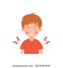 Sad little boy in red t-shirt having muscle aches flat style, vector illustration isolated on white background. Flu symptom, illness child, sick and disease