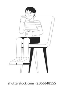 Sad little boy sitting on chair black and white 2D line cartoon character. Nervous child waiting on seat isolated vector outline person. Kid suffering from stress monochromatic flat spot illustration