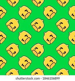 Sad little chick, seamless pattern on bright green background.