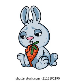 Sad little easter bunny with bitten carrot. Rabbit the symbol of 2023 lunar chinese new year. Hare with unhappy eyes and vegetable. Farm animal vector illustration isolated white background.