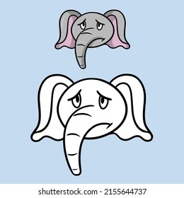 Sad little elephant, emotions of a cartoon elephant, vector illustration on a light background. A set of illustrations for a coloring book.