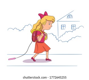 Sad little girl with backpack goes to school. Tired schoolgirl goes home from lessons. Vector character illustration of elementary children education, stress day at school, study problems, childhood