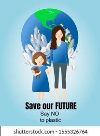 Sad little girl with a  bear and a teenager girl hold hands. Children stand in front of a contaminated plastic garbage Earth. Ecological concept. Text Save Our Future Say No to Plastic. Zero wastе.