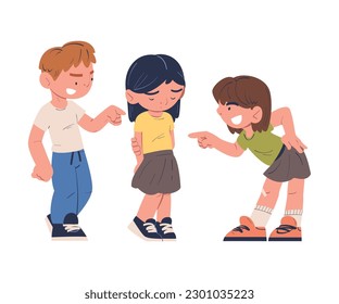 Sad little girl being bullied by her schoolmates. Children laughing and pointing at upset girl. Mockery and bullying at school cartoon vector illustration