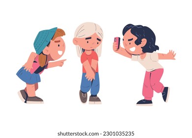 Sad little girl being bullied by her schoolmates. Children laughing and filming conflict on smartphone. Mockery and bullying at school cartoon vector illustration