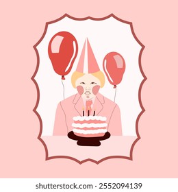 A sad little girl is celebrating her birthday. Vector illustration