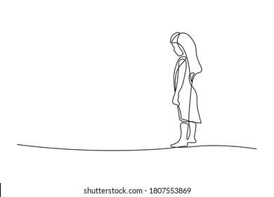 Sad Little Girl In Continuous Line Art Drawing Style. Upset Kid Looking Lonely Black Linear Sketch Isolated On White Background. Vector Illustration