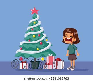 
Sad Little Girl Crying Near the Christmas tree Vector Cartoon Illustration. Child throwing a temper tantrum on Xmas day 
