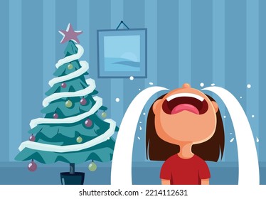 
Sad Little Girl Crying on Christmas Day Vector Cartoon. Unhappy child expressing disappointment on holidays gifts after misbehaving
