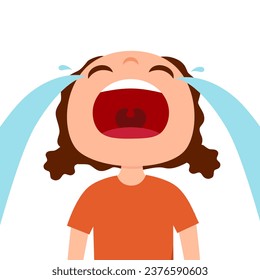 Sad little girl crying wide open mouth in flat design on white background.