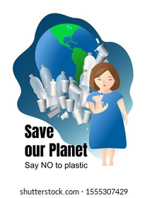 A sad little girl with a dog in her arms stands in front of the Earth contaminated with plastic bottles, cup and other rubbish. Text Say no to the plastic. Zero waste concept and garbage problem.