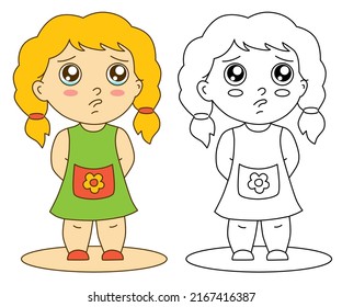 Sad little girl. Drawing of offended child. Isolated vector illustration. Coloring page, hand drawn doodle sketch style.