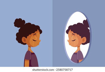 
Sad Little Girl Feeling Self Conscious and Insecure Vector Character. Upset child having self esteem issues and depression