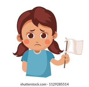 sad little girl shows white flag. Kid is surrendered. passive children. cartoon vector illustration