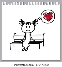 sad little girl sits on a bench and dreams of love(cartoon doodle)