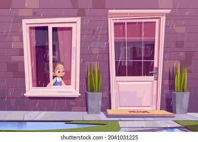 Sad little girl sitting at house window looking on street at rainy weather waiting rain stop. Boring child spend time at home, outside view of building facade with door. Cartoon vector illustration
