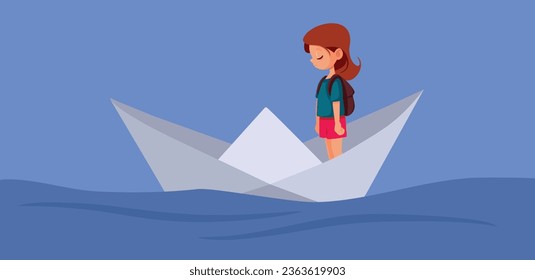 
Sad Little Girl Sitting in a Paper Boat Vector Concept illustration. Abandoned child feeling lonely and upset suffering from depressive episode
